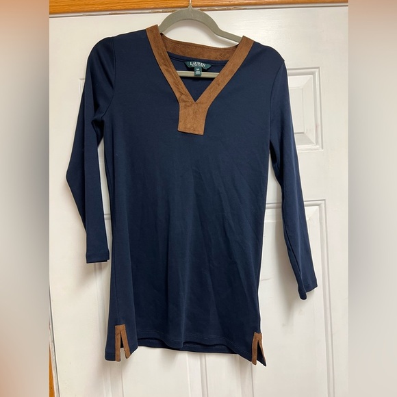 Lauren Ralph Lauren Navy and Brown V-Neck Tunic Small - Picture 1 of 7